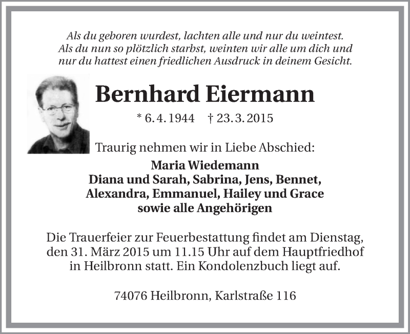  Traueranzeige für Bernhard Eiermann vom 25.03.2015 aus 