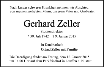 Traueranzeige von Gerhard Zeller 