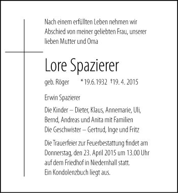 Traueranzeige von Lore Spazierer 