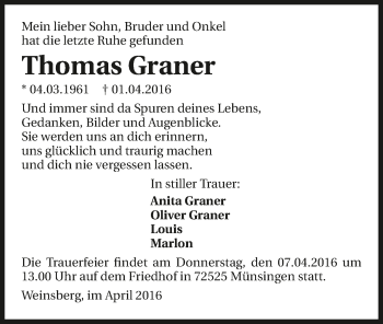 Traueranzeige von Thomas Graner 