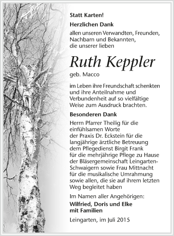 Traueranzeige von Ruth Keppler 