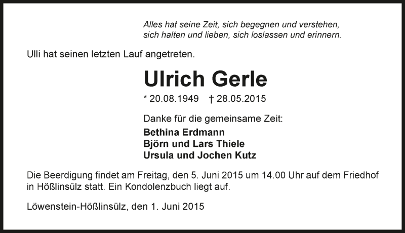  Traueranzeige für Ulrich Gerle vom 01.06.2015 aus 