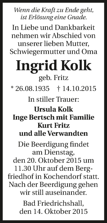 Traueranzeige von Ingrid Kolk 