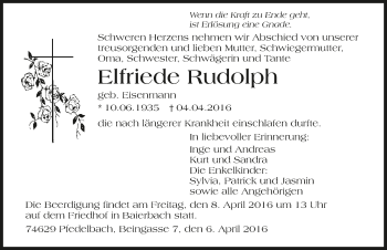 Traueranzeige von Elfriede Rudolph 