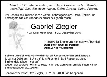 Traueranzeige von Gabriel Ziegler 