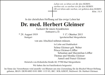 Traueranzeige von Herbert Gleinser 