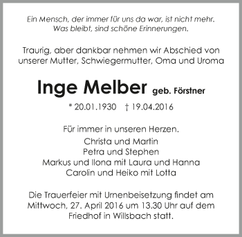 Traueranzeige von Inge Melber 