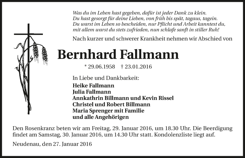  Traueranzeige für Bernhard Fallmann vom 27.01.2016 aus 