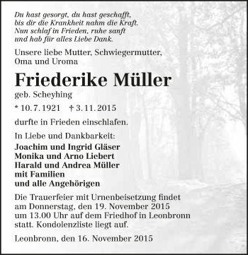 Traueranzeige von Friederike Müller 