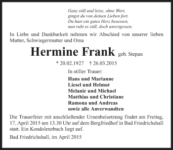 Traueranzeige von Hermine Frank 