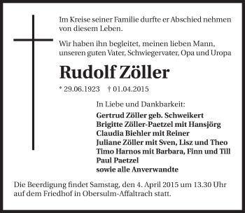 Traueranzeige von Rudolf Zöller 