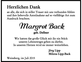 Traueranzeige von Margret Back 