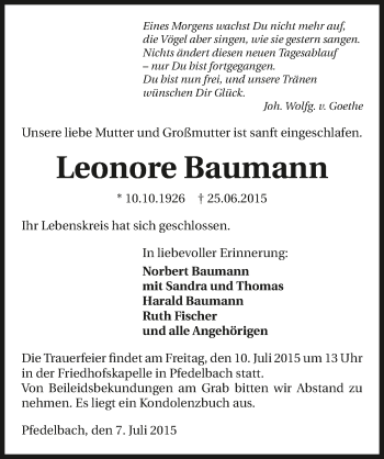 Traueranzeige von Leonore Baumann 