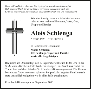 Traueranzeige von Alois Schlenga 