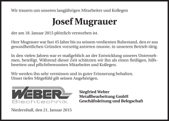 Traueranzeige von Josef Mugrauer 