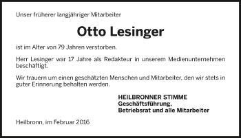 Traueranzeige von Otto Lesinger 