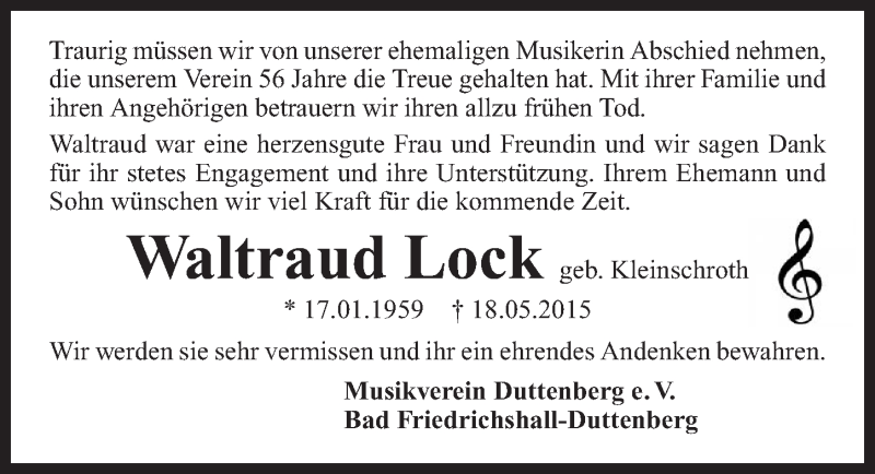  Traueranzeige für Waltraud Lock vom 21.05.2015 aus 