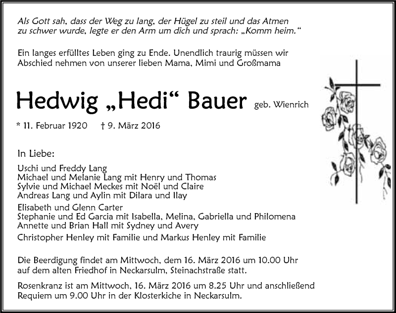  Traueranzeige für Hedwig Bauer vom 12.03.2016 aus 