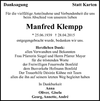 Traueranzeige von Manfred Klempp 