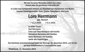 Traueranzeige von Lore Herrmann 