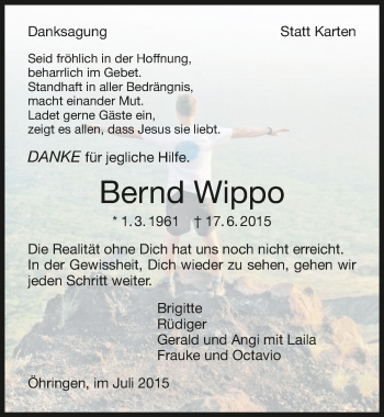 Traueranzeige von Bernd Wippo 