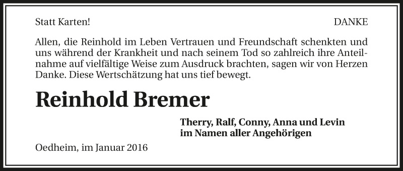 Traueranzeige für Reinhold Bremer vom 14.01.2016 aus 
