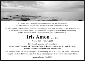 Traueranzeige von Iris Amon 