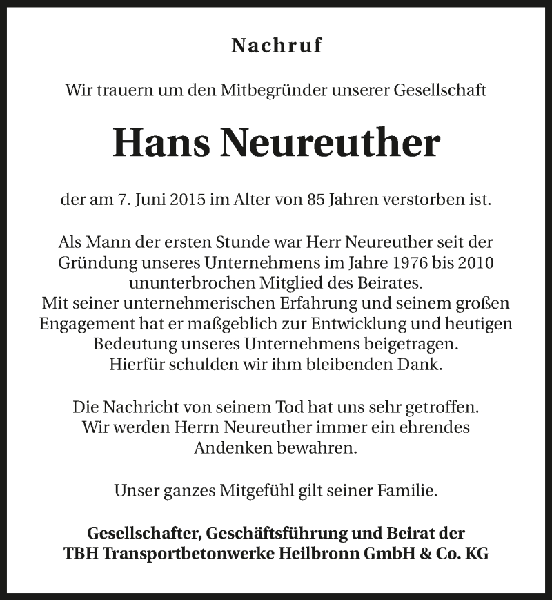  Traueranzeige für Hans Neureuther vom 13.06.2015 aus 