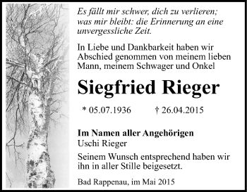 Traueranzeige von Siegfried Rieger 