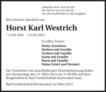 Traueranzeige von Horst Karl Westrich 
