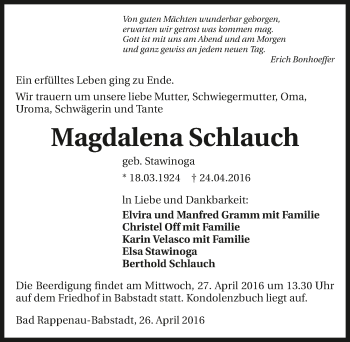 Traueranzeige von Magdalena Schlauch 