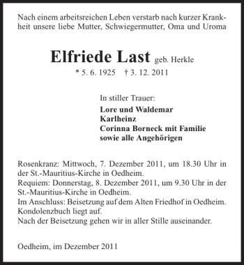 Traueranzeige von Elfriede Last 