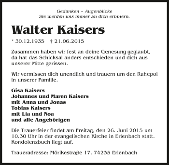 Traueranzeige von Walter Kaisers 