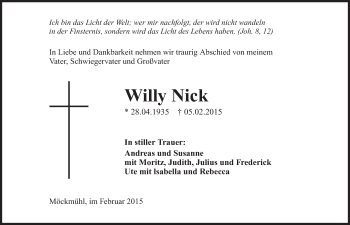 Traueranzeige von Willy Nick 