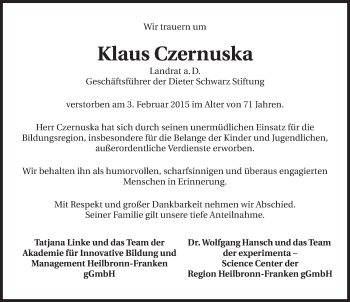 Traueranzeige von Klaus Czernuska 