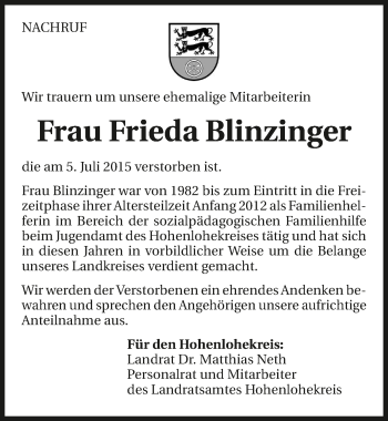 Traueranzeige von Frieda Blinzinger 