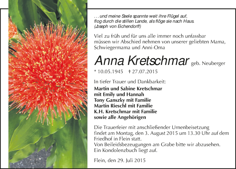  Traueranzeige für Anna Kretschmar vom 29.07.2015 aus 