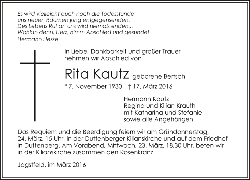  Traueranzeige für Rita Kautz vom 19.03.2016 aus 