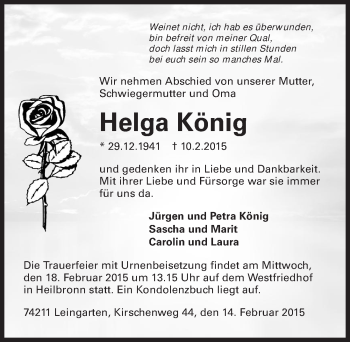 Traueranzeige von Helga König 