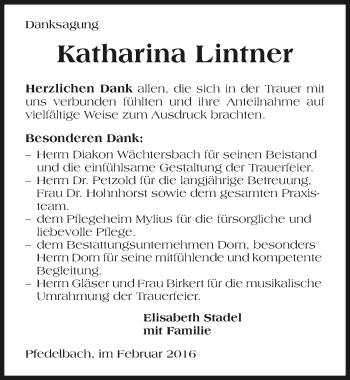 Traueranzeige von Katharina Lintner 