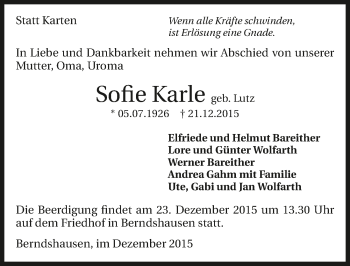 Traueranzeige von Sofie Karle 