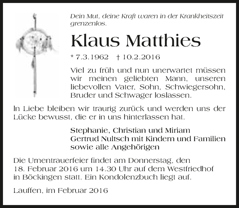  Traueranzeige für Klaus Matthies vom 13.02.2016 aus 