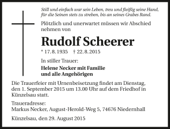 Traueranzeige von Rudolf Scheerer 