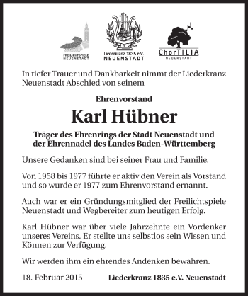 Traueranzeige von Karl Hübner 