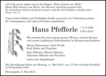 Traueranzeige von Hans Pfefferle 