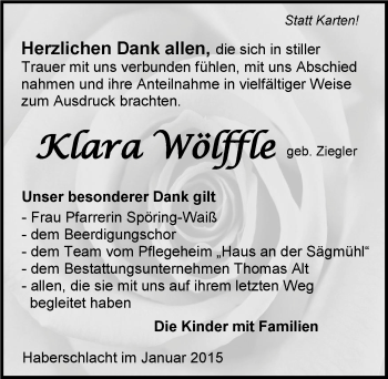 Traueranzeige von Klara Wölffle 