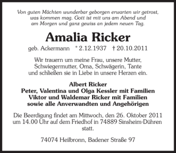 Traueranzeige von Amalia Ricker 