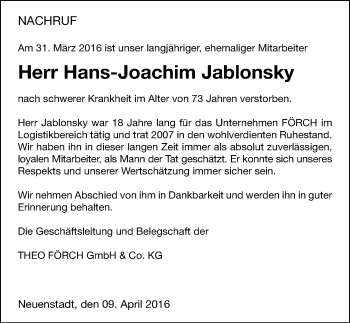 Traueranzeige von Hans-Joachim Jablonsky 