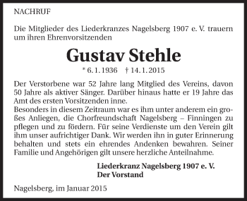 Traueranzeige von Gustav Stehle 