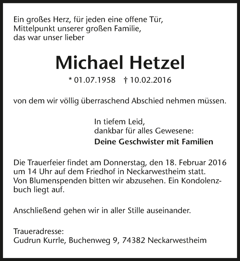  Traueranzeige für Michael Hetzel vom 15.02.2016 aus 